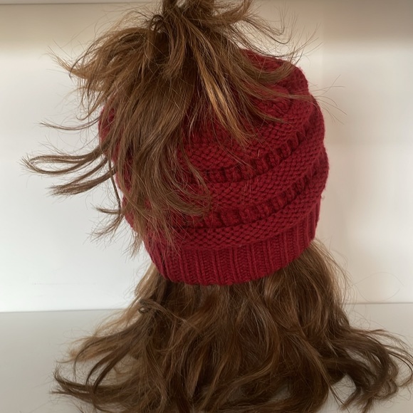 C.C. Exclusives Dark Red Maroon Color Knit Beanie with Ponytail Opening - Picture 3 of 11